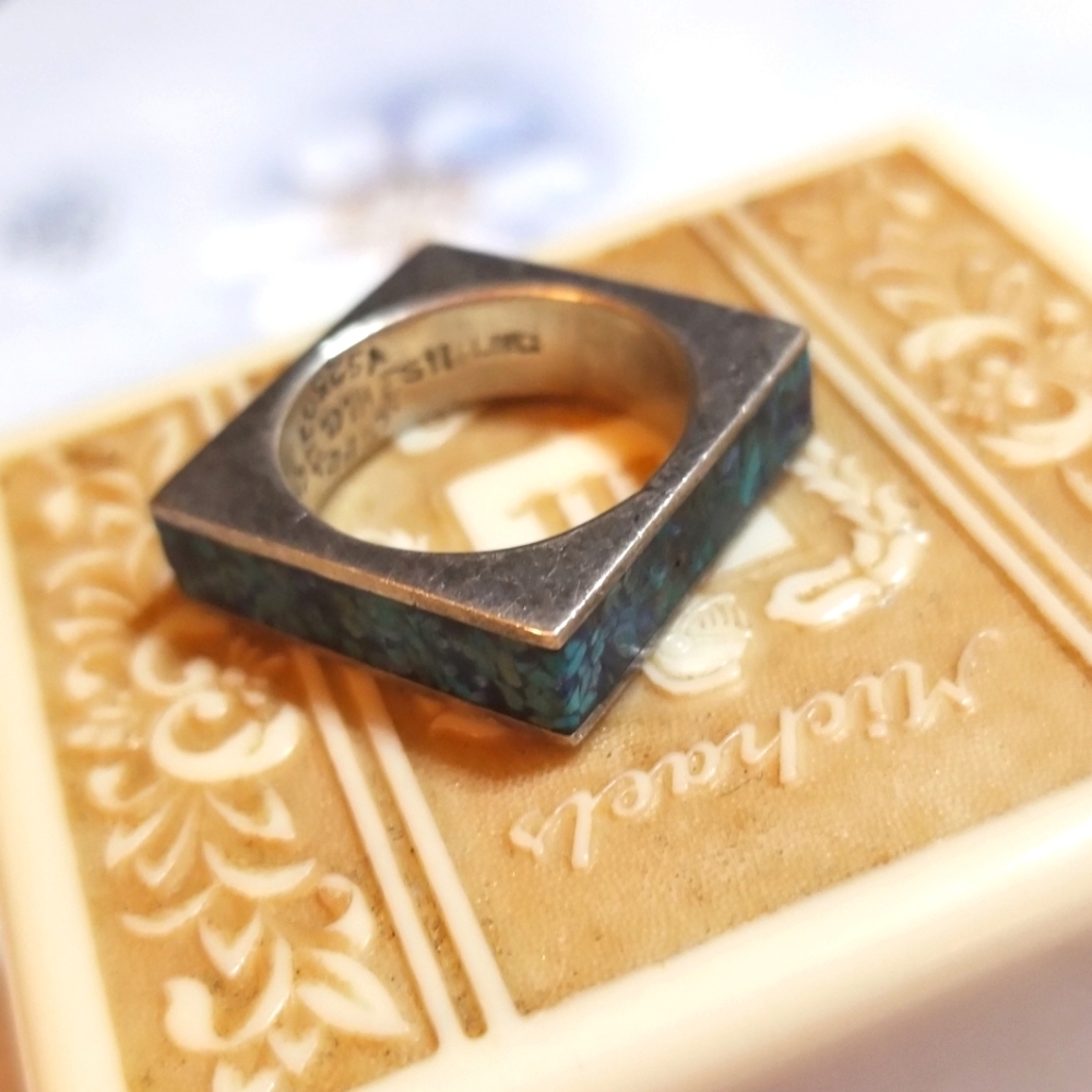 VTG TAXCO designer signed Square Crushed Turquoise Band Ring - Picture 6 of 8